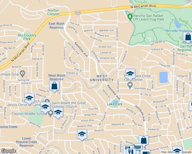 map of restaurants, bars, coffee shops, grocery stores, and more near 2235 Putnam Drive in Reno