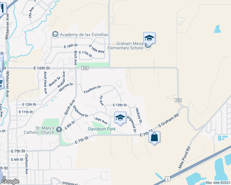 map of restaurants, bars, coffee shops, grocery stores, and more near 1387 Firethorn Drive in Rifle