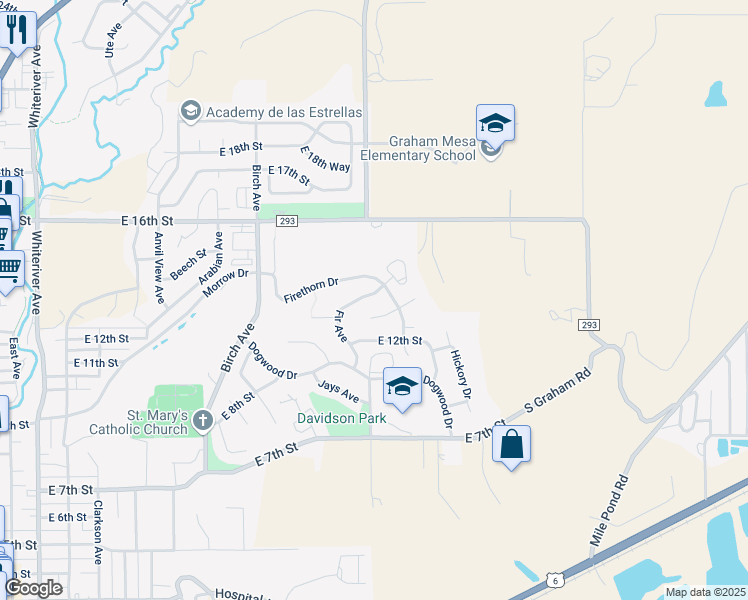 map of restaurants, bars, coffee shops, grocery stores, and more near 1387 Firethorn Drive in Rifle