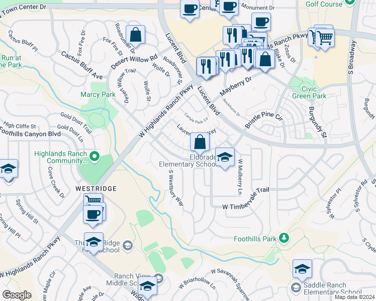 map of restaurants, bars, coffee shops, grocery stores, and more near Braewood Avenue in Littleton