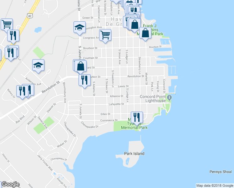 map of restaurants, bars, coffee shops, grocery stores, and more near 507 Alliance St in Havre de Grace
