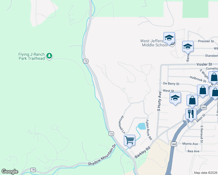 map of restaurants, bars, coffee shops, grocery stores, and more near 27292 Ridge Trail in Conifer