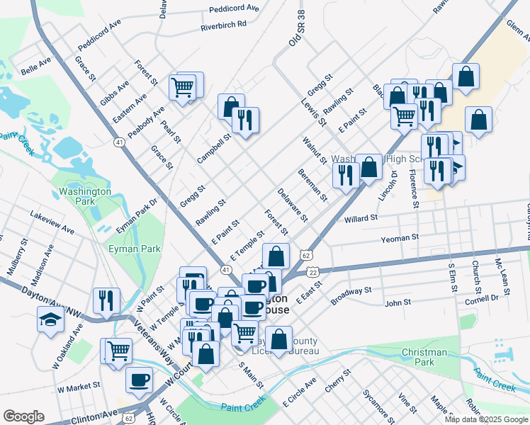 map of restaurants, bars, coffee shops, grocery stores, and more near 317 Forest Street in Washington Court House