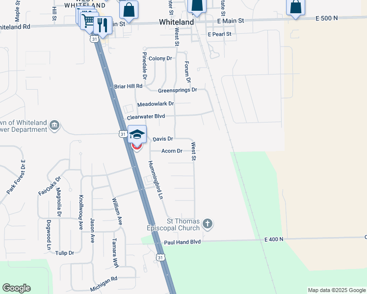 map of restaurants, bars, coffee shops, grocery stores, and more near 522 Acorn Dr in Whiteland