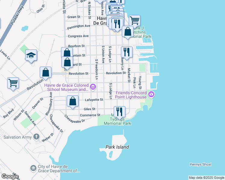 map of restaurants, bars, coffee shops, grocery stores, and more near 415 Alliance Street in Havre de Grace