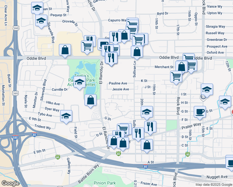 map of restaurants, bars, coffee shops, grocery stores, and more near 984 Boxcar Lane in Sparks