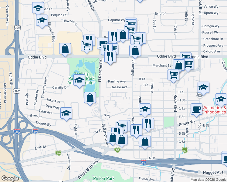 map of restaurants, bars, coffee shops, grocery stores, and more near 984 Boxcar Lane in Sparks
