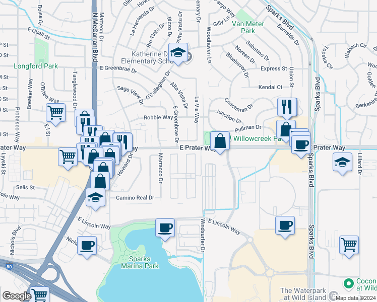 map of restaurants, bars, coffee shops, grocery stores, and more near 675 Parlanti Lane in Sparks