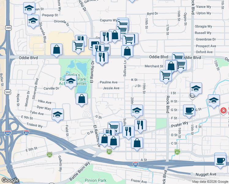 map of restaurants, bars, coffee shops, grocery stores, and more near 984 Boxcar Lane in Sparks
