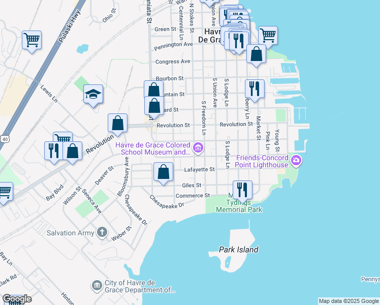 map of restaurants, bars, coffee shops, grocery stores, and more near 600 Alliance Street in Havre de Grace