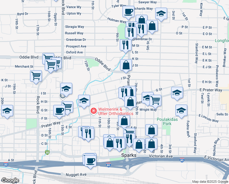 map of restaurants, bars, coffee shops, grocery stores, and more near 3 Strobel Way in Sparks