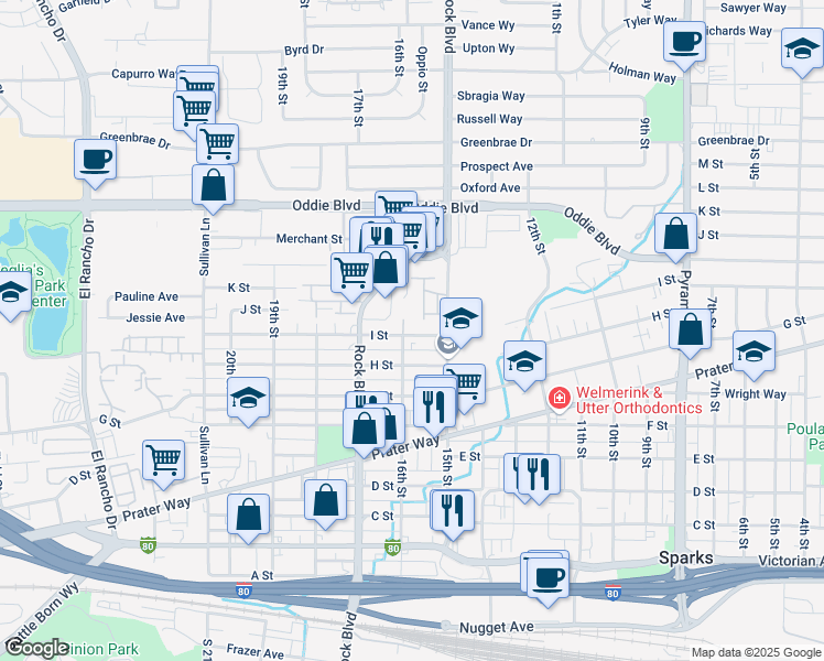 map of restaurants, bars, coffee shops, grocery stores, and more near 1541 I Street in Sparks