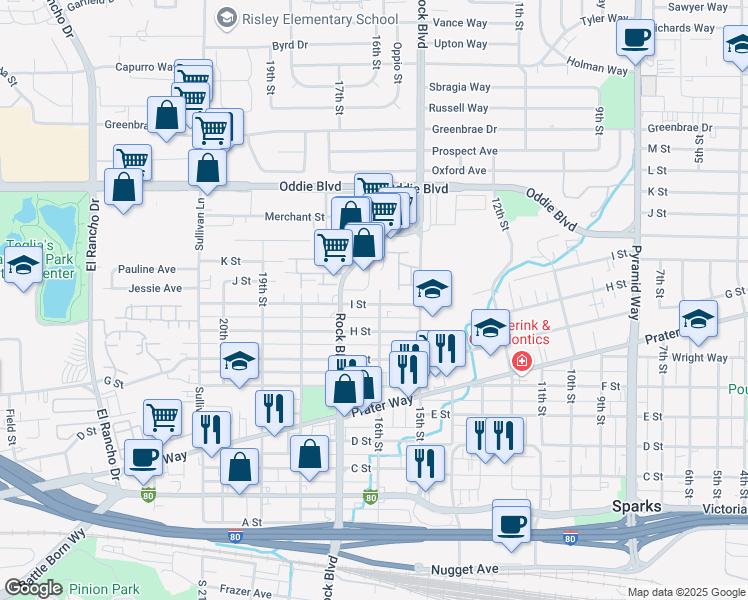 map of restaurants, bars, coffee shops, grocery stores, and more near 1625 I Street in Sparks