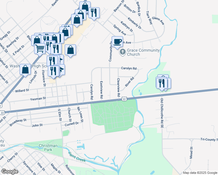 map of restaurants, bars, coffee shops, grocery stores, and more near 138 Laurel Road in Washington Court House