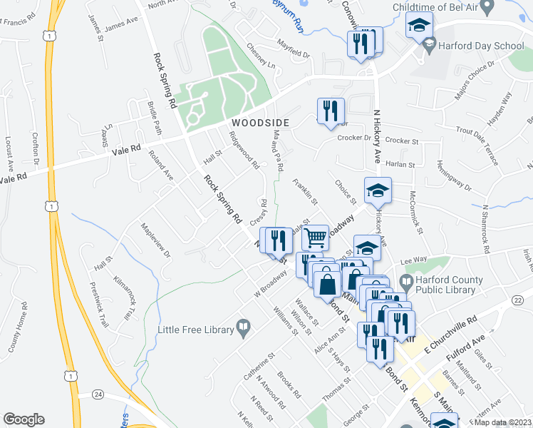 map of restaurants, bars, coffee shops, grocery stores, and more near 531 Cressy Road in Bel Air