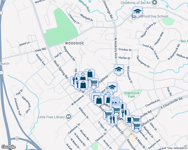 map of restaurants, bars, coffee shops, grocery stores, and more near 73 East Ellendale Street in Bel Air