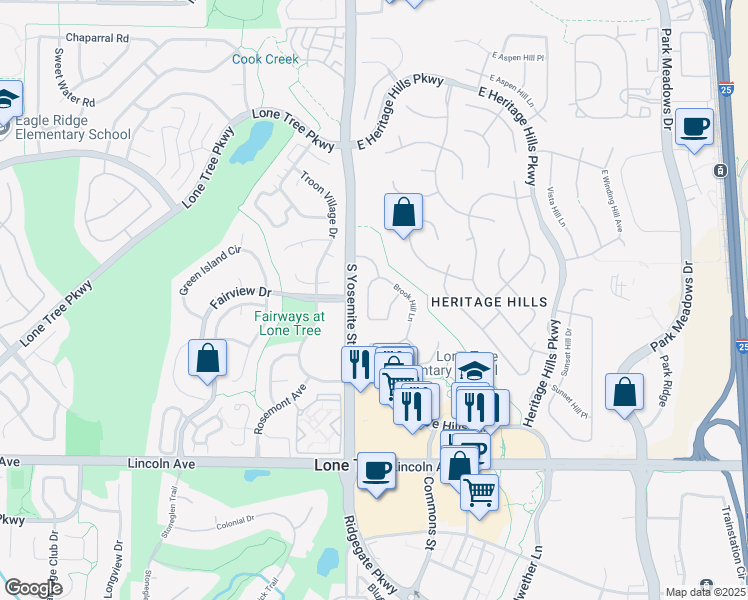 map of restaurants, bars, coffee shops, grocery stores, and more near 9580 Silver Hill Circle in Lone Tree