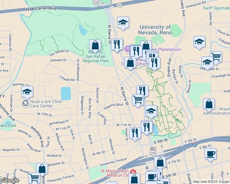 map of restaurants, bars, coffee shops, grocery stores, and more near 1330 Buena Vista Avenue in Reno