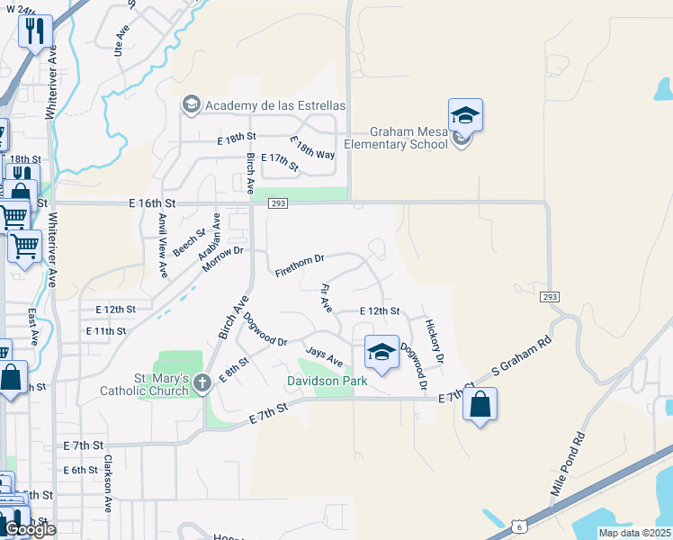 map of restaurants, bars, coffee shops, grocery stores, and more near 1263 Fir Ave in Rifle
