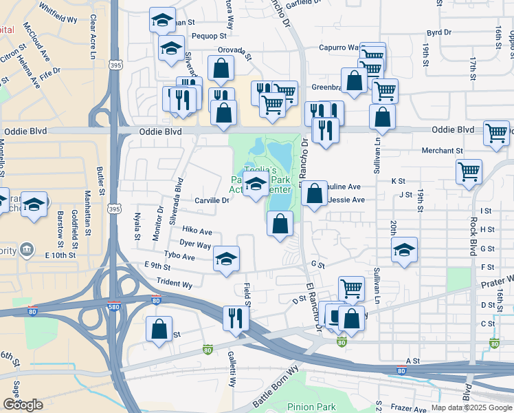 map of restaurants, bars, coffee shops, grocery stores, and more near 2750 Elementary Drive in Reno