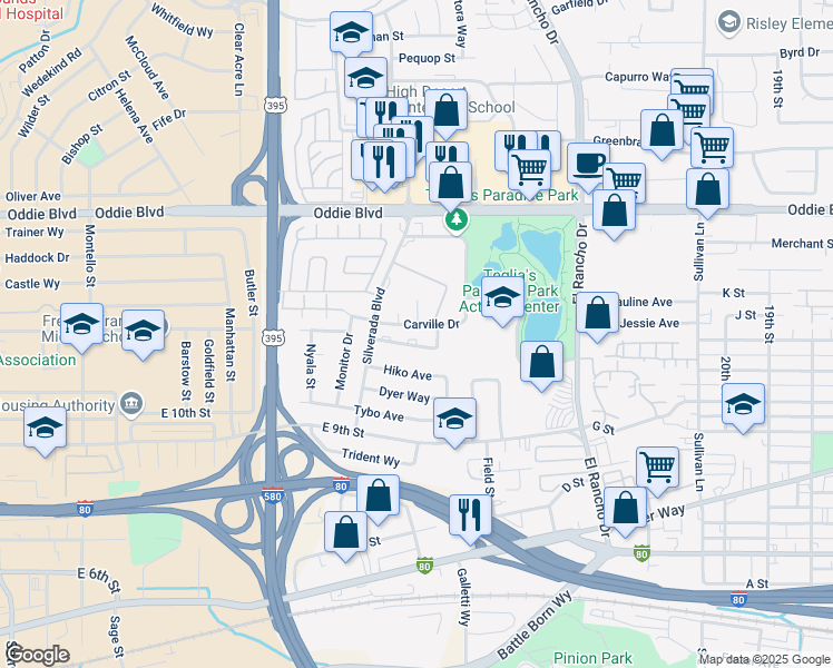 map of restaurants, bars, coffee shops, grocery stores, and more near 2535 Tom Sawyer Drive in Reno