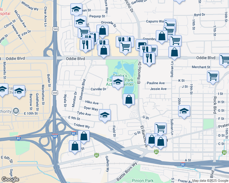 map of restaurants, bars, coffee shops, grocery stores, and more near 2750 Elementary Drive in Reno