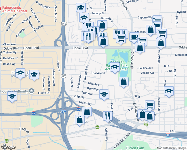 map of restaurants, bars, coffee shops, grocery stores, and more near 2535 Tom Sawyer Drive in Reno
