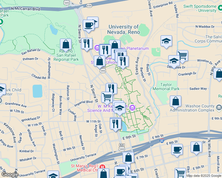 map of restaurants, bars, coffee shops, grocery stores, and more near 1345 North Virginia Street in Reno