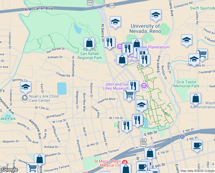 map of restaurants, bars, coffee shops, grocery stores, and more near 1330 Buena Vista Avenue in Reno