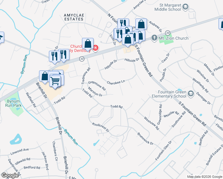 map of restaurants, bars, coffee shops, grocery stores, and more near 1224 Marston Court in Bel Air