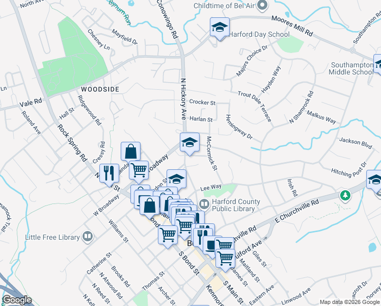 map of restaurants, bars, coffee shops, grocery stores, and more near 311 Wright Street in Bel Air