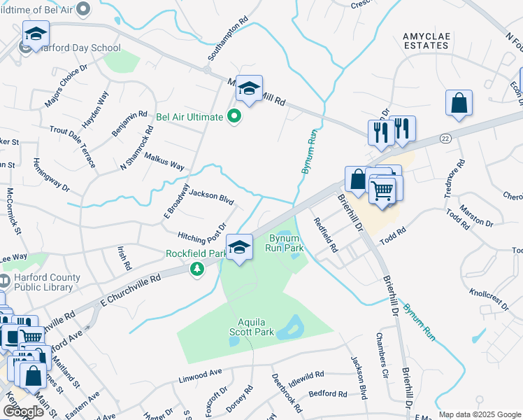 map of restaurants, bars, coffee shops, grocery stores, and more near 726 Thurlow Court in Bel Air