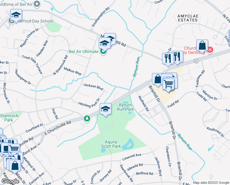 map of restaurants, bars, coffee shops, grocery stores, and more near 726 Thurlow Court in Bel Air