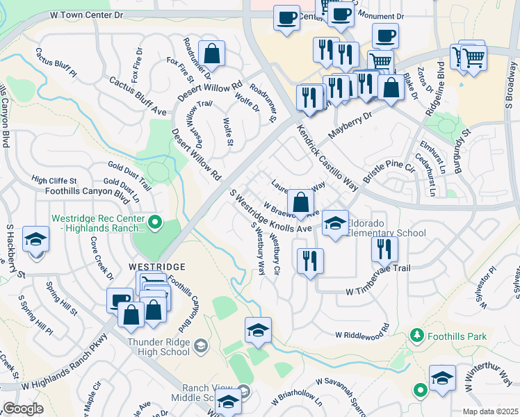 map of restaurants, bars, coffee shops, grocery stores, and more near 1460 Braewood Avenue in Littleton