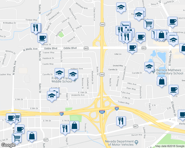 map of restaurants, bars, coffee shops, grocery stores, and more near 1298 Manhattan Street in Reno