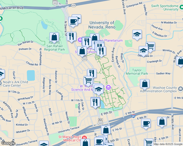 map of restaurants, bars, coffee shops, grocery stores, and more near 1345 North Virginia Street in Reno
