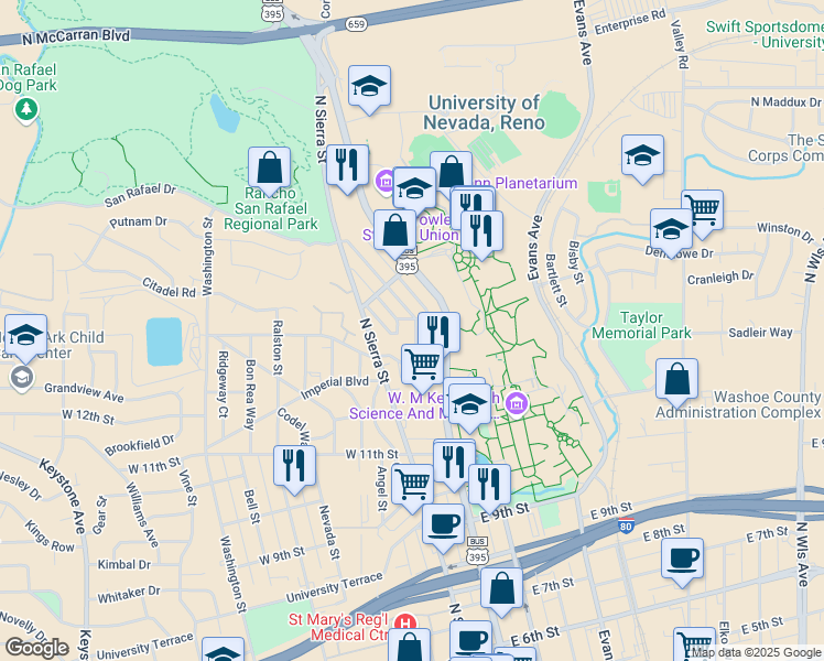 map of restaurants, bars, coffee shops, grocery stores, and more near 1341 Hillside Drive in Reno