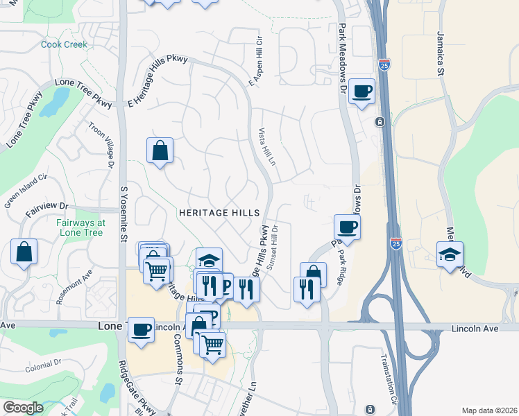 map of restaurants, bars, coffee shops, grocery stores, and more near 9644 Silent Hills Lane in Lone Tree
