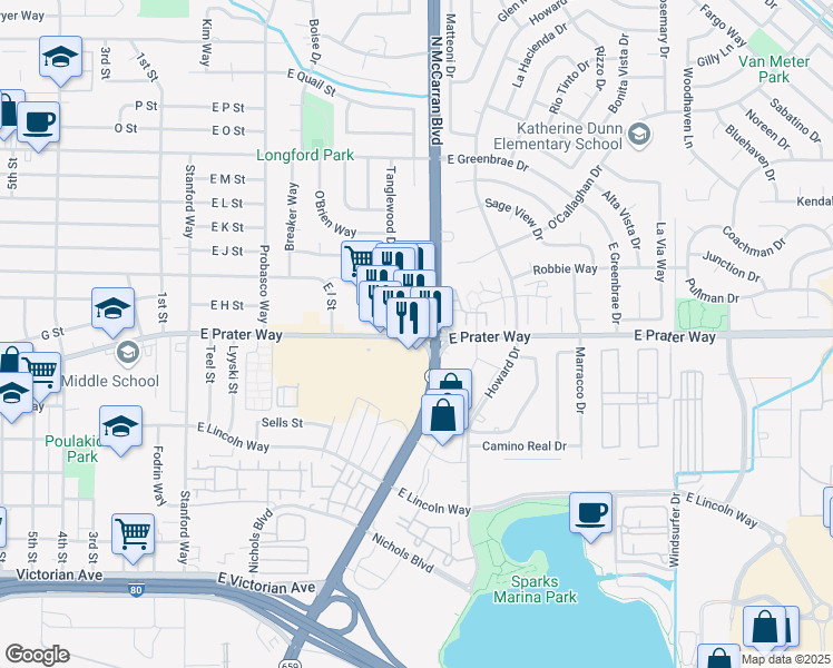map of restaurants, bars, coffee shops, grocery stores, and more near 668 East Prater Way in Sparks