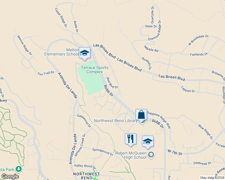 map of restaurants, bars, coffee shops, grocery stores, and more near 6495 Yellow Bird Drive in Reno