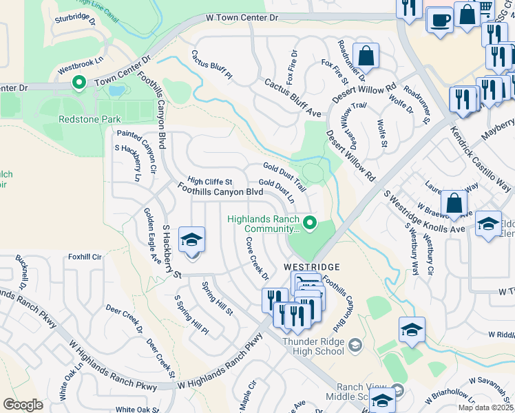 map of restaurants, bars, coffee shops, grocery stores, and more near 9622 Whitecliff Place in Littleton