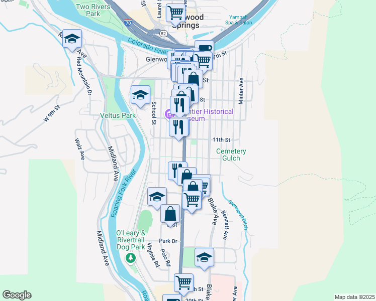 map of restaurants, bars, coffee shops, grocery stores, and more near 1203 Grand Avenue in Glenwood Springs