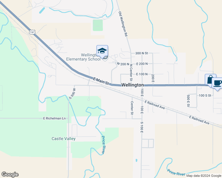 map of restaurants, bars, coffee shops, grocery stores, and more near 190 West Main Street in Wellington