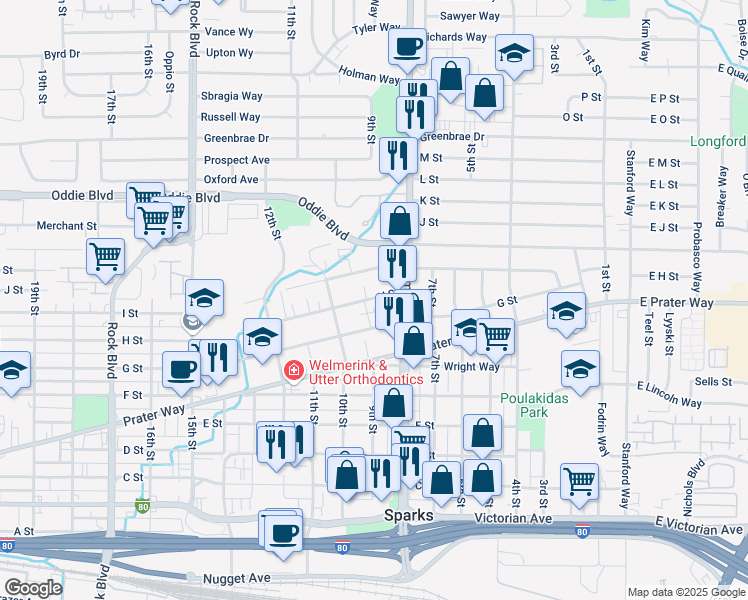 map of restaurants, bars, coffee shops, grocery stores, and more near 3 Strobel Way in Sparks