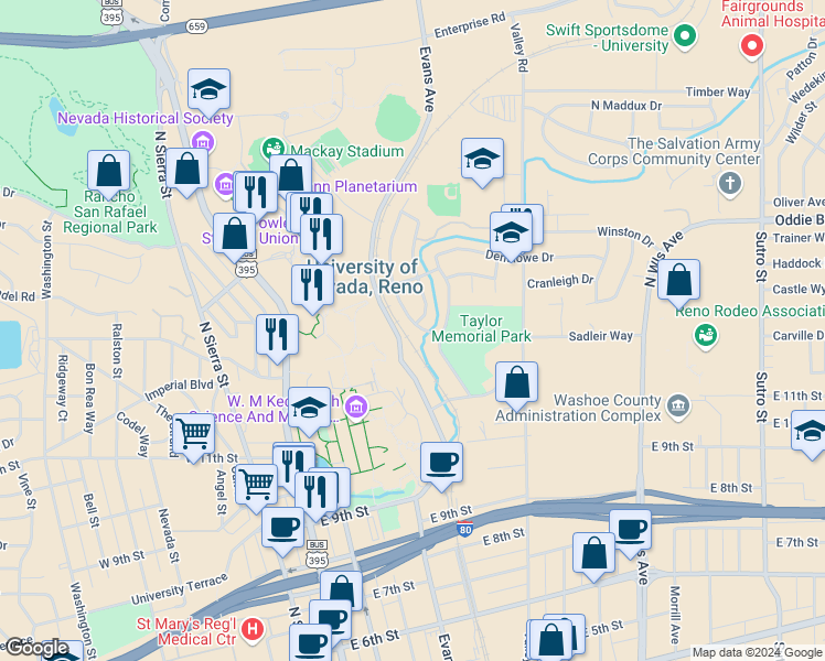 map of restaurants, bars, coffee shops, grocery stores, and more near 1190 Evans Avenue in Reno