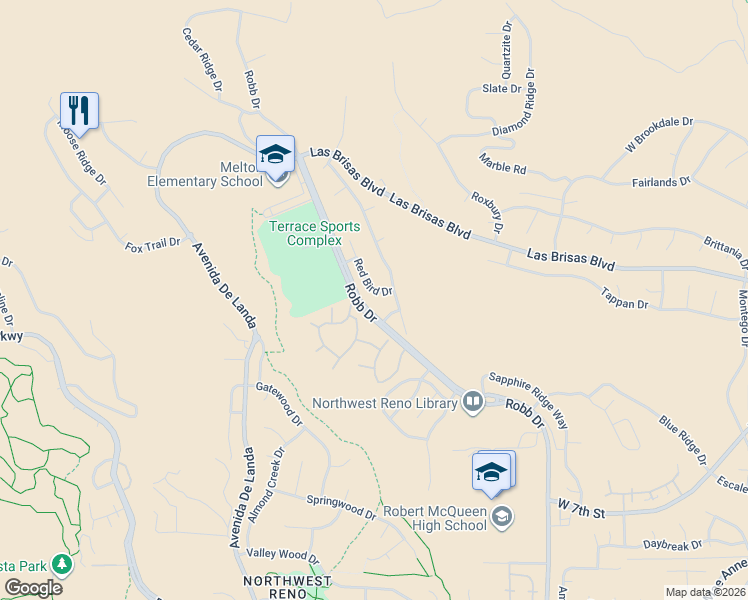 map of restaurants, bars, coffee shops, grocery stores, and more near 6495 Yellow Bird Drive in Reno