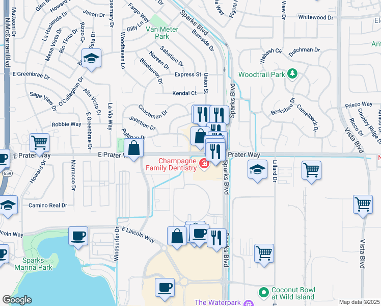 map of restaurants, bars, coffee shops, grocery stores, and more near E Prater Way & Pullman Dr in Sparks