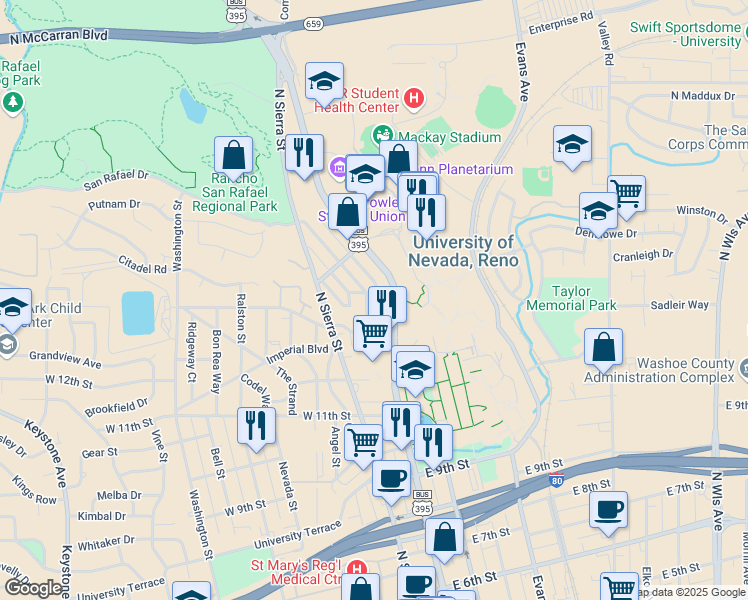 map of restaurants, bars, coffee shops, grocery stores, and more near 1385 Terrace Drive in Reno