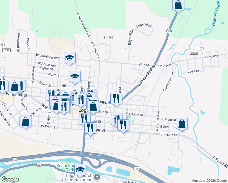 map of restaurants, bars, coffee shops, grocery stores, and more near 159 East Street in Logan