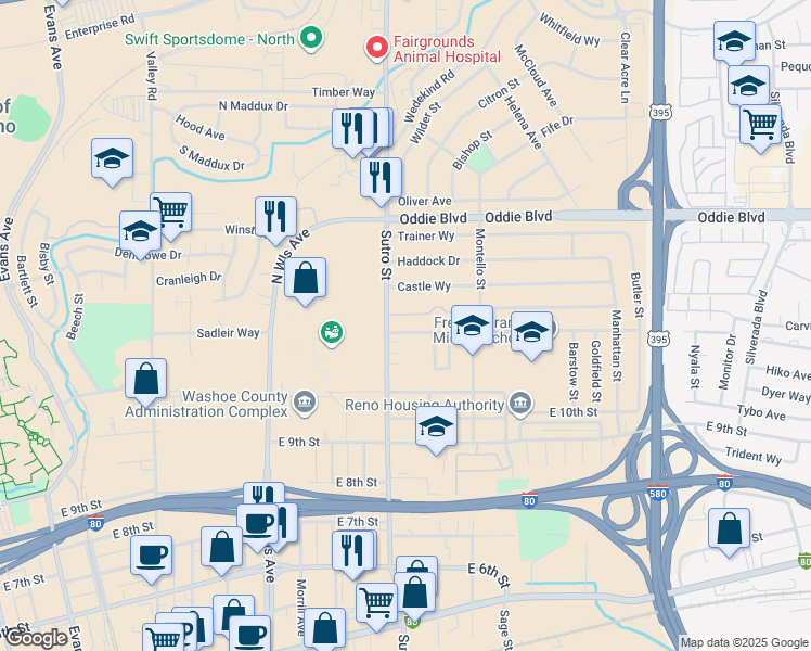 map of restaurants, bars, coffee shops, grocery stores, and more near 1245 Carville Drive in Reno